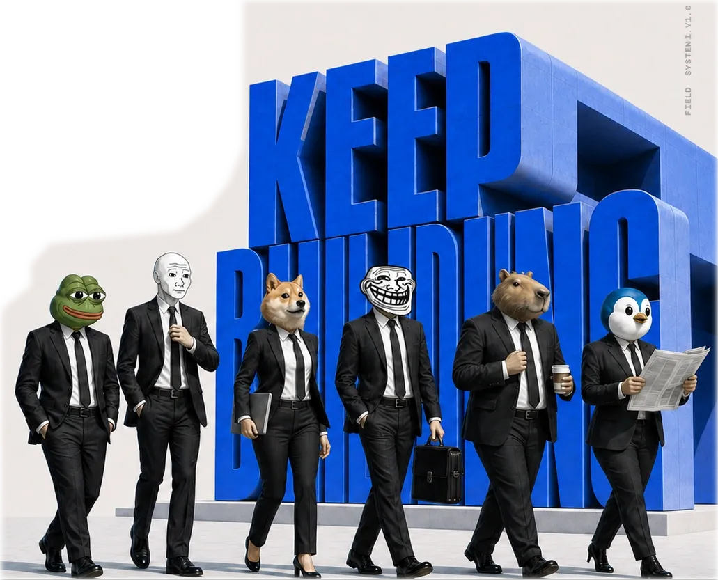 Six suited meme founders walking in front of monumental blue KEEP BUILDING letters